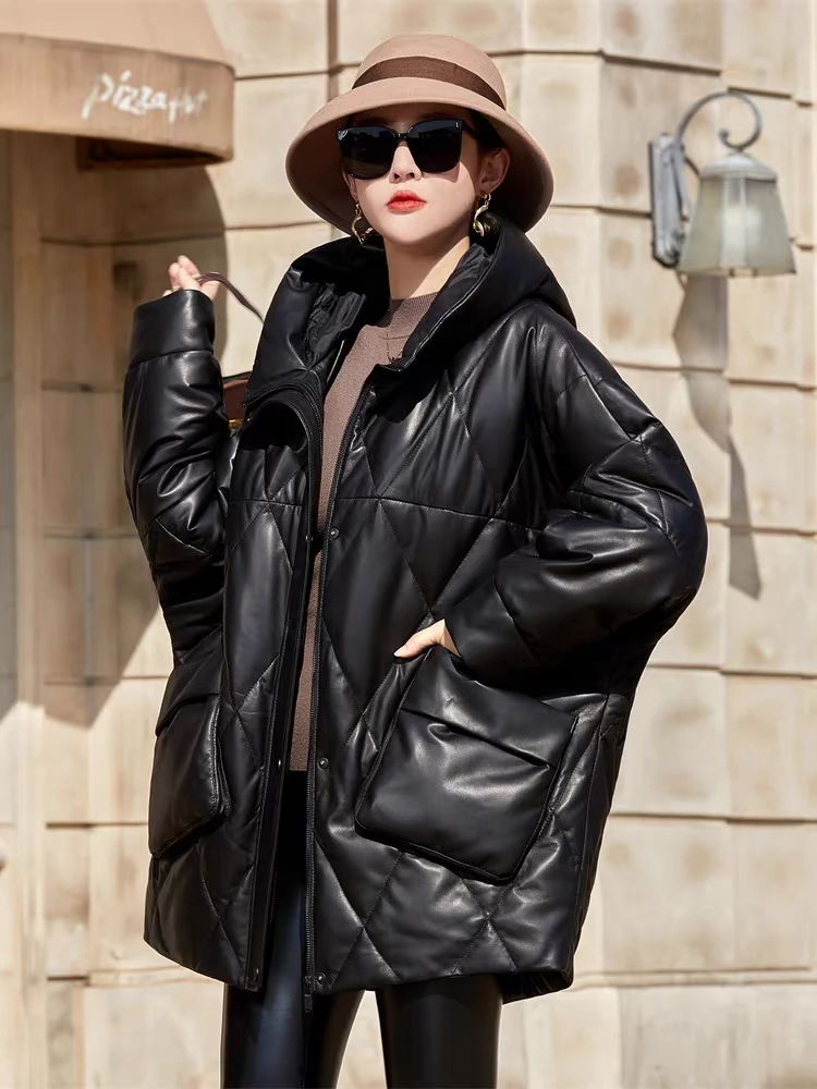 2024新款绵羊皮真皮羽绒服女中长款蝙蝠袖皮衣外套连帽冬休闲时尚