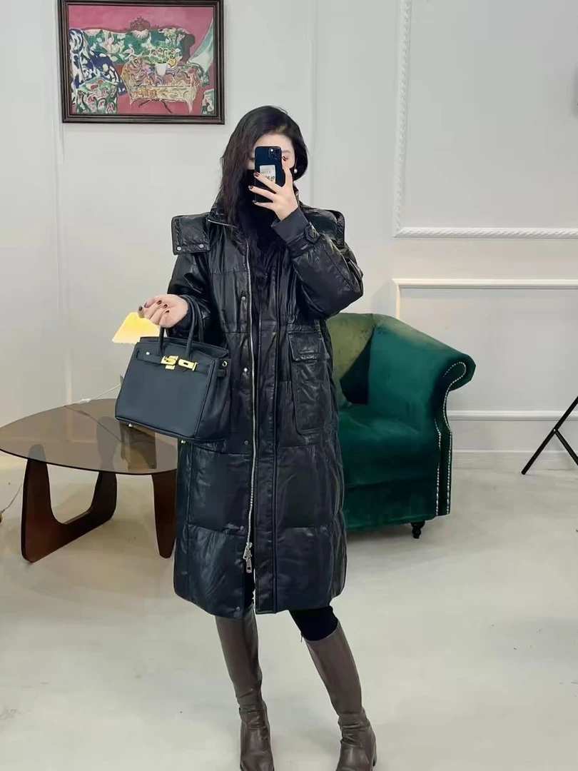 油蜡小牛皮鹅绒服外套帽子可拆卸中长款皮衣加厚真皮外套抽绳冬季