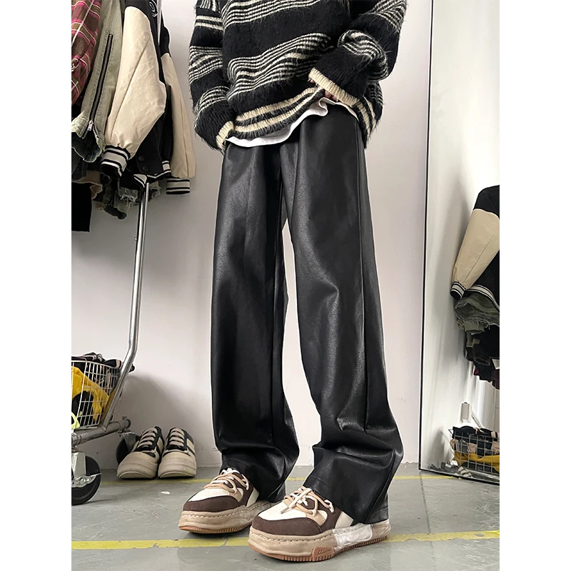 美式高级感PU皮裤男秋冬款宽松直筒拖地裤黑色外穿防风垂感阔腿裤