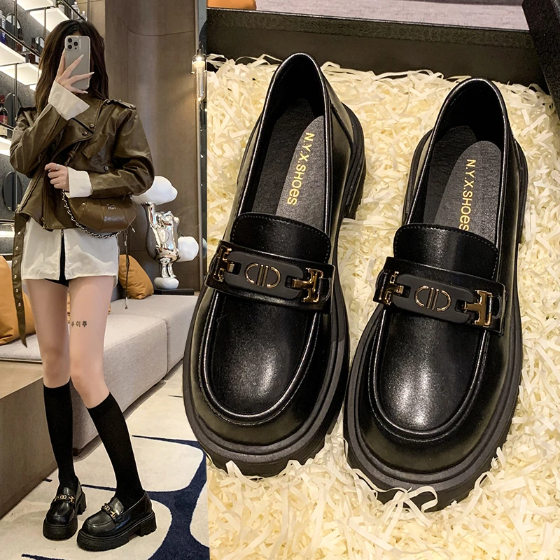 厚底乐福鞋女鞋时尚复古粗跟平底软底小皮鞋