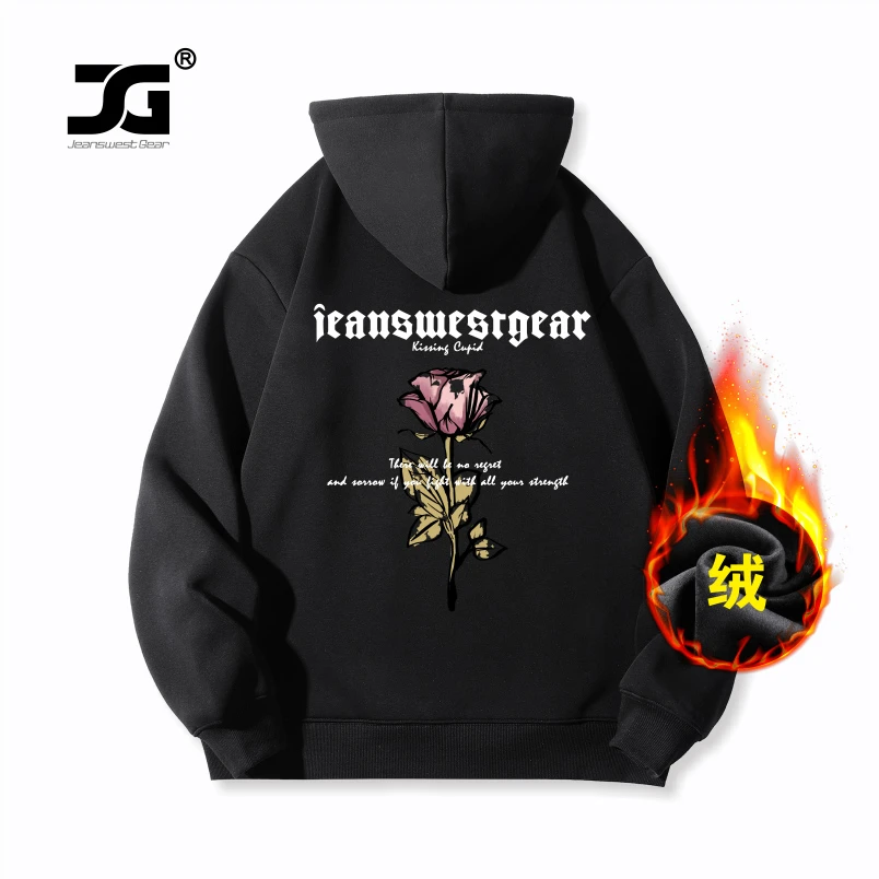 真维斯盖尔大码品牌潮流秋冬新款玫瑰字母加绒加厚情侣款连帽卫衣