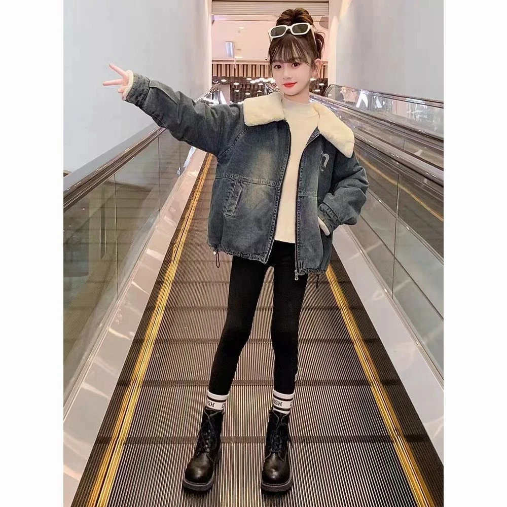 女童牛仔外套加绒加厚2023新款时髦洋气女孩儿童冬季冬装宽松上衣