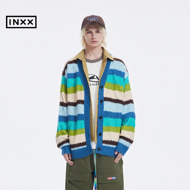 【INXX】Standby 潮牌冬新品多色条纹拼接开衫针织衫情侣XMD4061553
