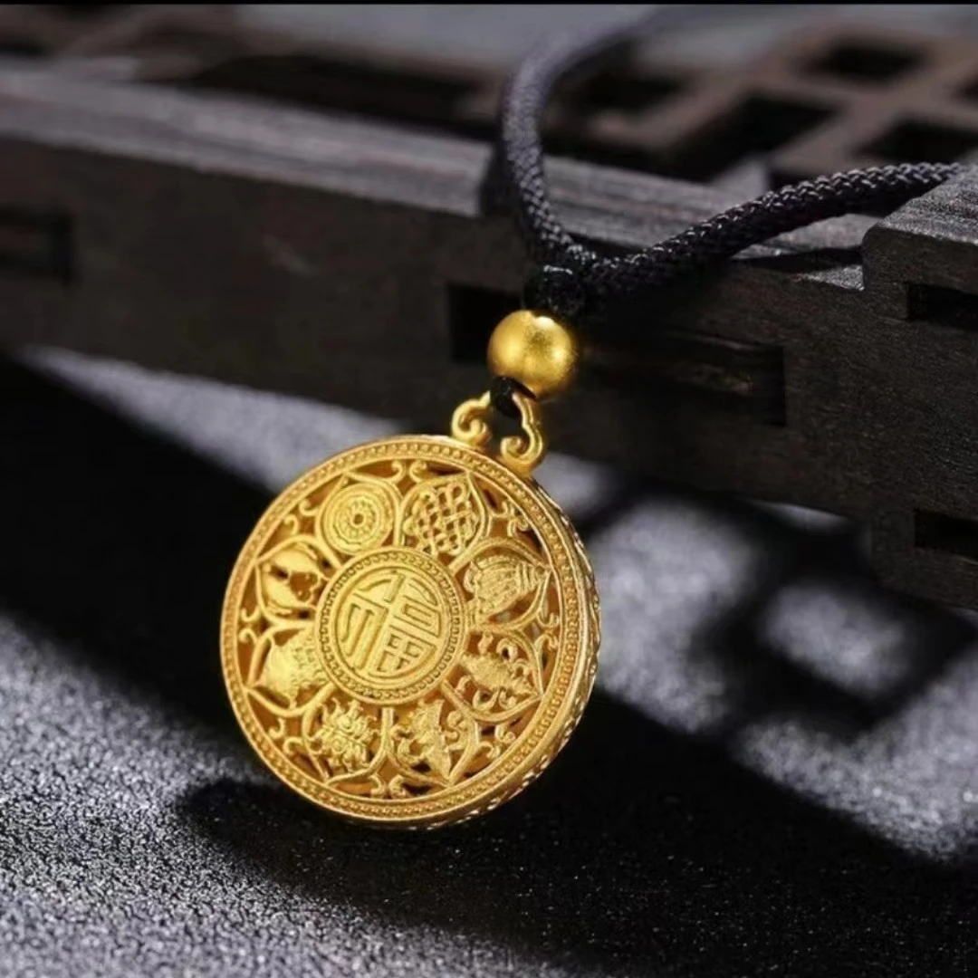 （福字罗盘吊坠配黑绳）时尚双面金色传承精美素款手工