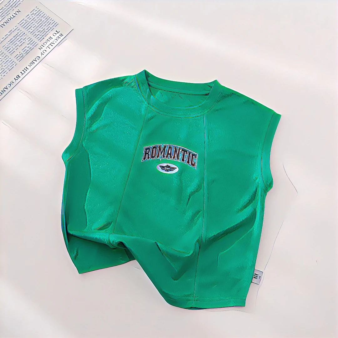 【HBB】大童夏款薄款纯色中性印花宝宝无袖套头圆领T恤15565-15566