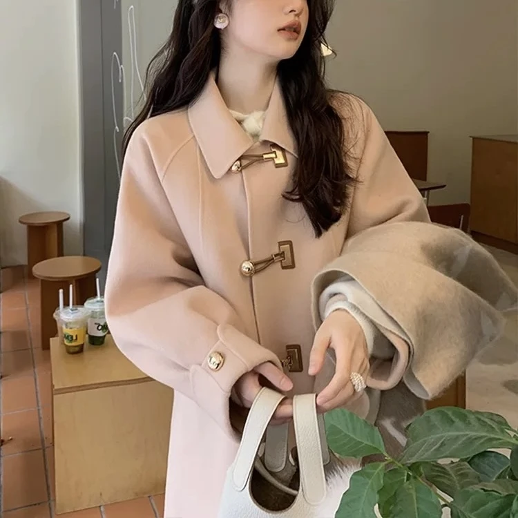 HSTYLE/韩都衣舍时尚羊毛大衣女金属扣宽松显瘦小个子秋冬