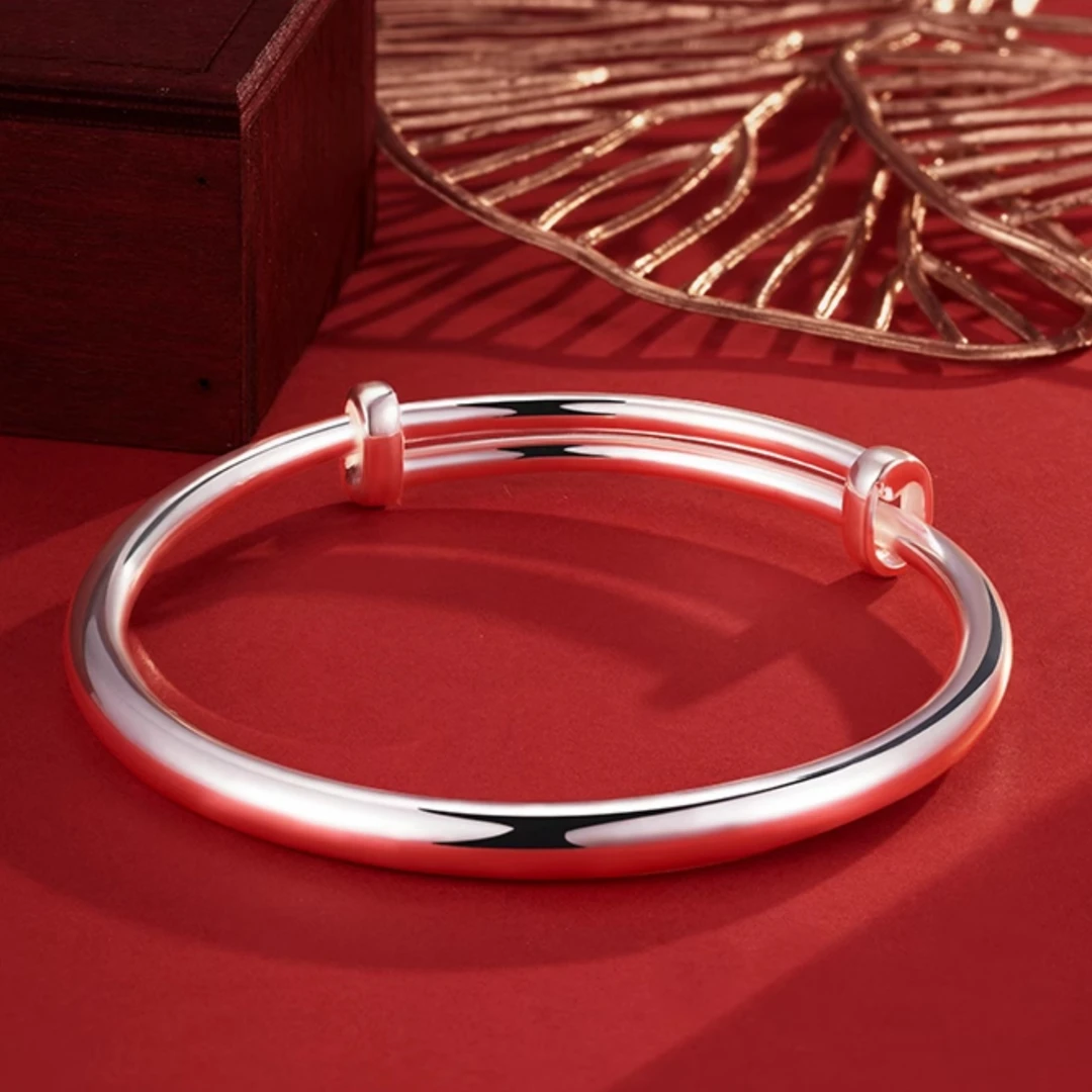 足银手镯 足银手镯 足银999.9 光面素圈 推拉手镯 百搭经典简约