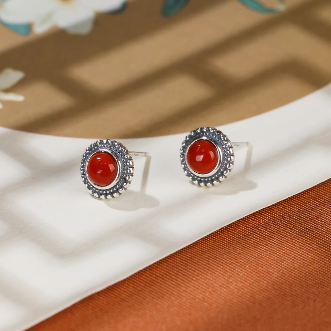 瞻澜 天然南红玛瑙S925银镶嵌耳钉