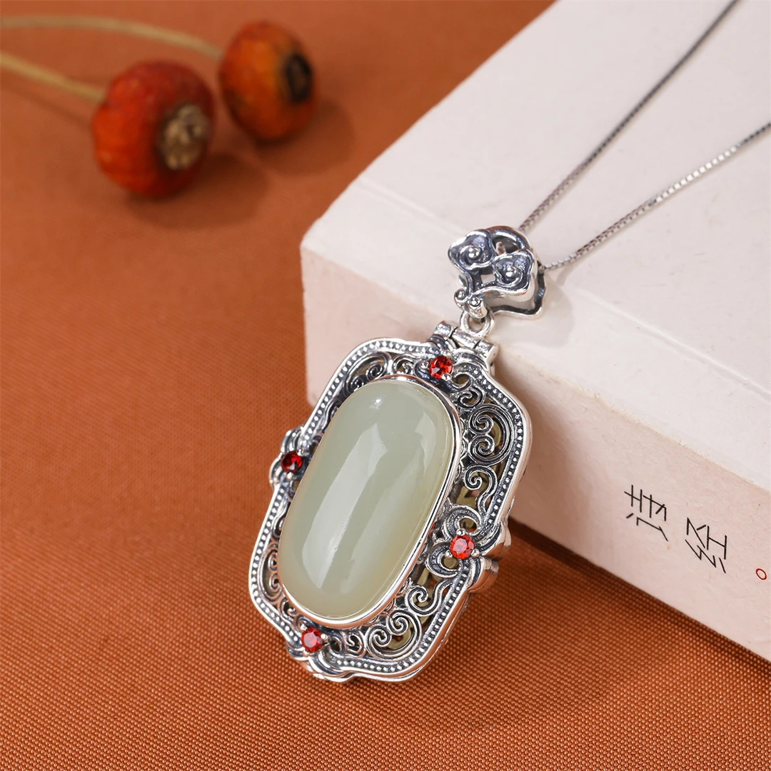瞻澜 天然和田玉S925银镶嵌花丝镂空可开合香囊吊坠（不含链）