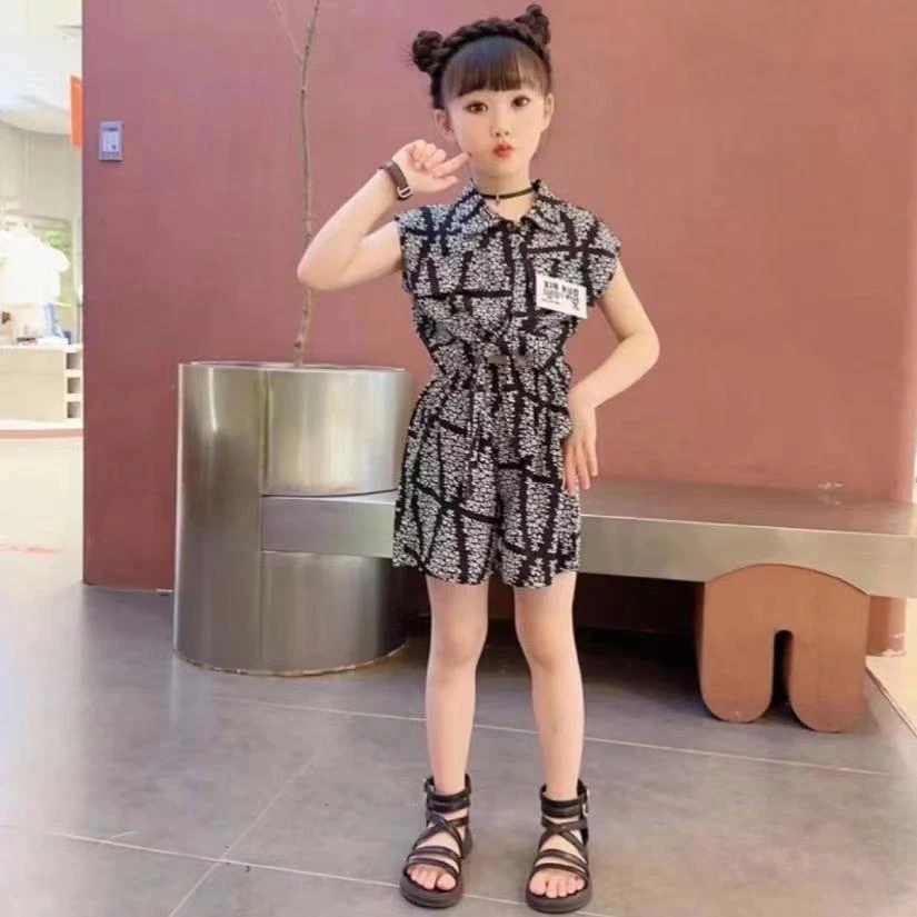 夏季亲子装儿童中大童网红洋气休闲两件套女童时尚无袖菱形格套装