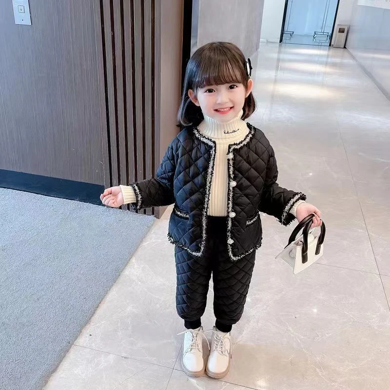 小香风夹棉套装儿童两件套冬装女宝保暖加厚冬季棉袄外套棉裤童装