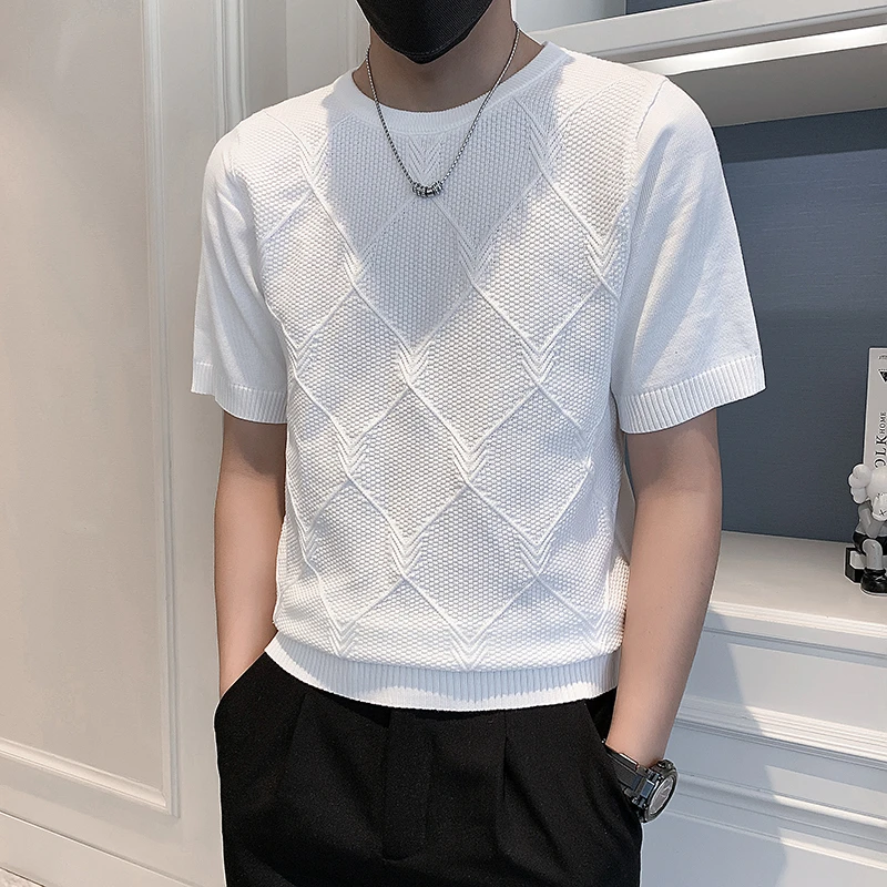 菱形格轻奢短袖T恤男春季百搭透气半袖针织衫男士韩版修身打底衫