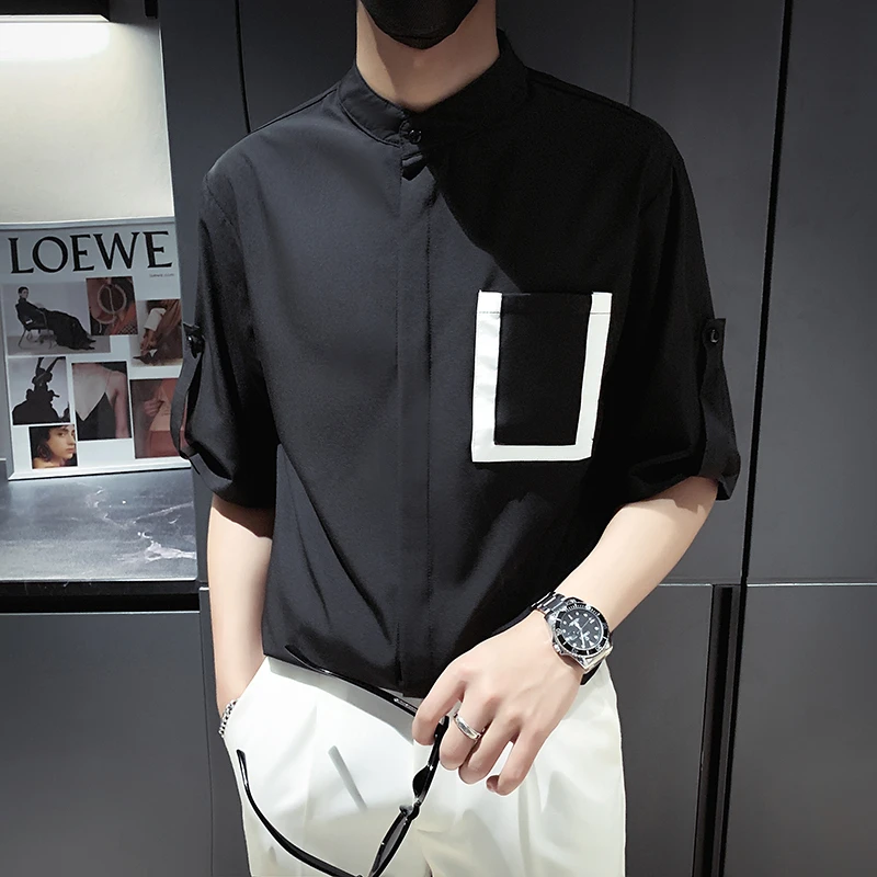 夏季轻奢男士立领衬衫薄款短袖五分袖韩版潮个性中袖衬衣内搭新款