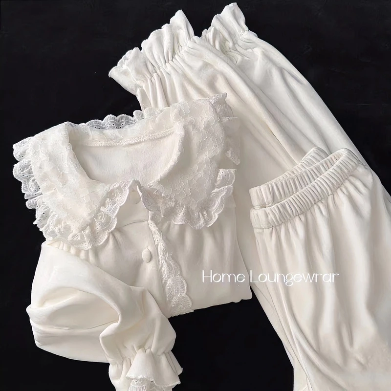 法式德绒新款睡衣女秋冬蕾丝开衫长袖长裤可外穿甜美休闲二件套