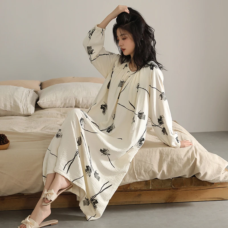 带胸垫长袖100%纯棉云朵棉绸大码宽松睡裙可外穿防凸睡衣裙家居服