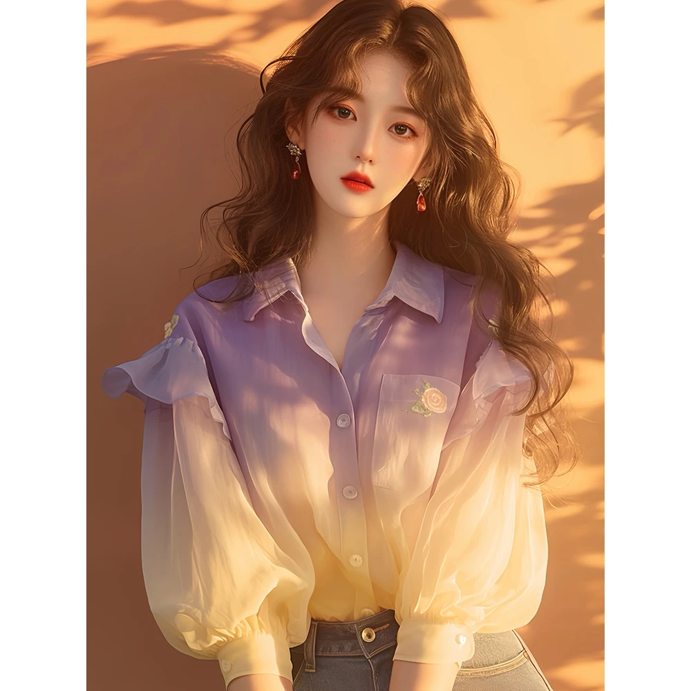 紫色雪纺衬衫秋装女款2024年新款小众独特别致泡泡袖渐变撞色上衣