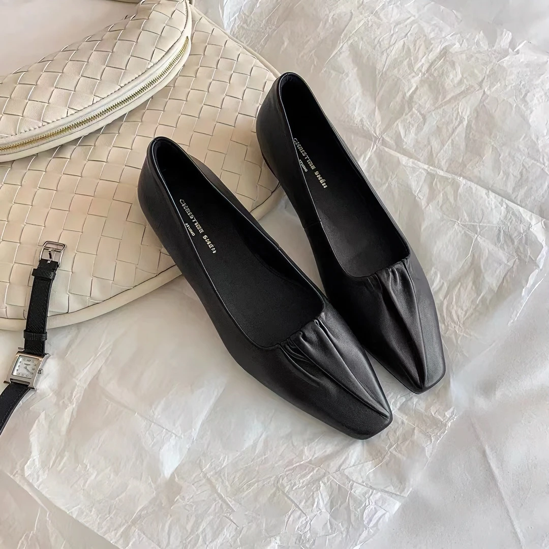 羊皮版~ 浅口小方头软皮单鞋女平底黑色面试工作女鞋可踩跟女瓢鞋