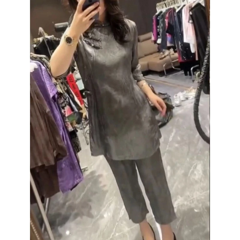 网红爆款秀2024夏季新款国风盘扣中长款上衣宽松小脚裤显瘦裤子