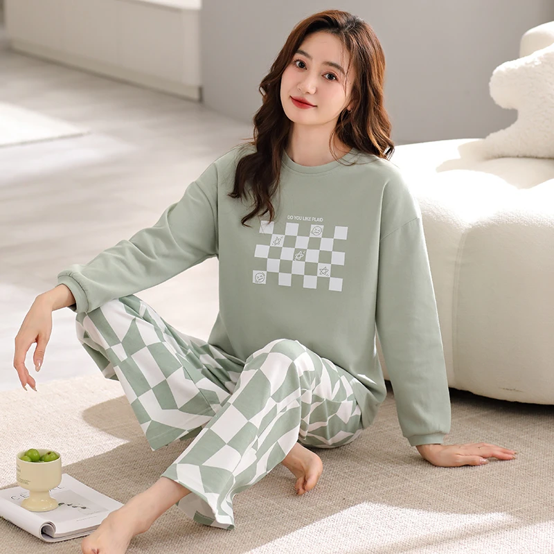 睡衣睡衣女套装大码长袖纯棉家居服春秋季女士休闲全棉宽松韩版