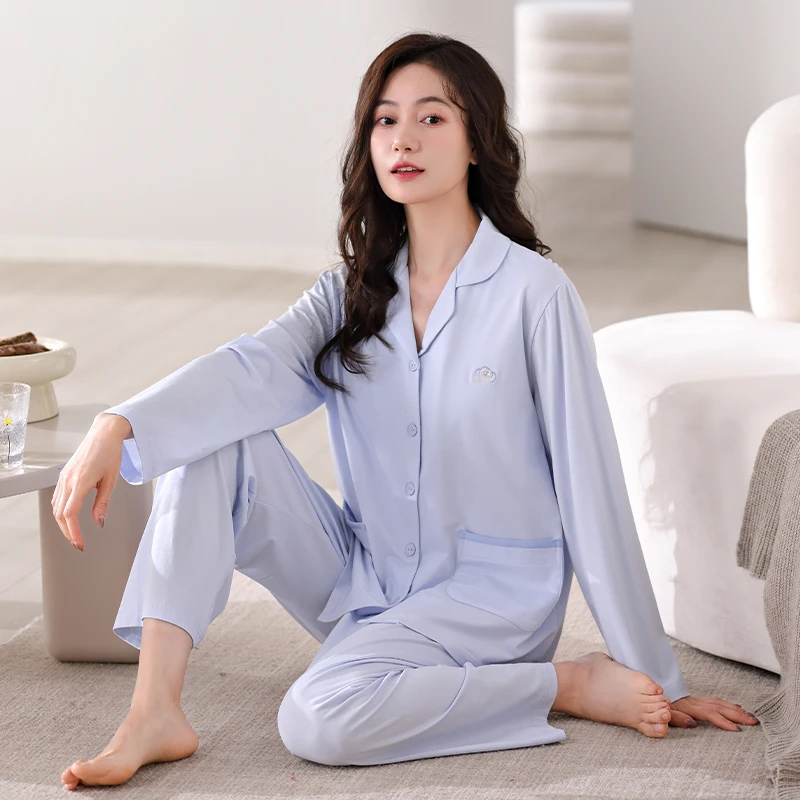 睡衣女士套装大码长袖舒适拉架棉自带胸垫休闲可外穿春秋家居服装