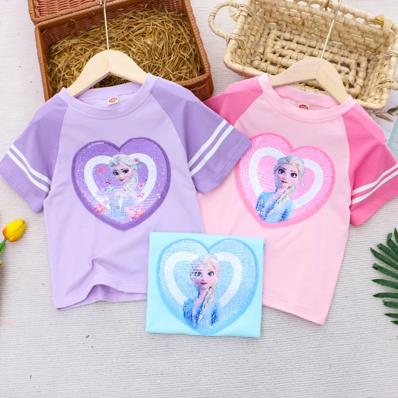 2024童装夏装新款女童短袖T恤双面变色亮片上衣儿童夏季网红半袖