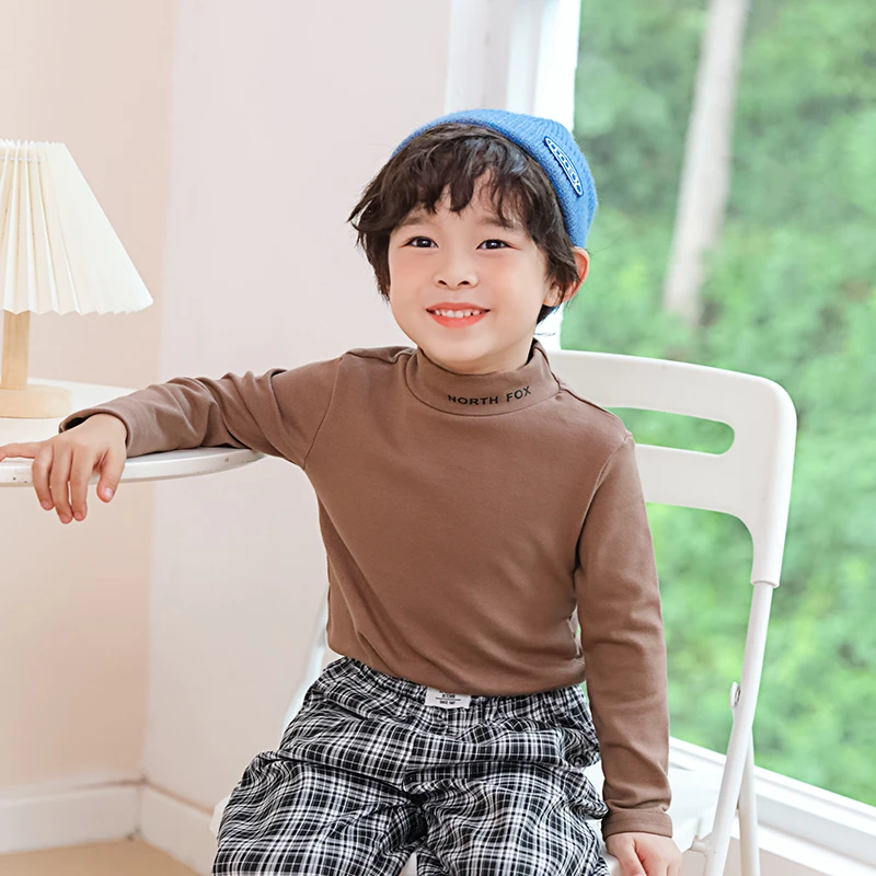 2025半高领儿童中领打底衫男童女童纯棉长袖内搭T秋冬上衣宝宝t恤