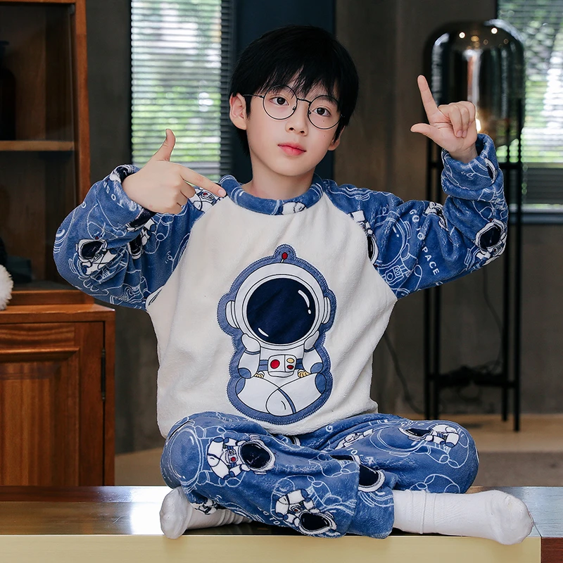 儿童珊瑚绒睡衣大男童春秋冬季法兰绒薄款青少年小男孩家居服套装