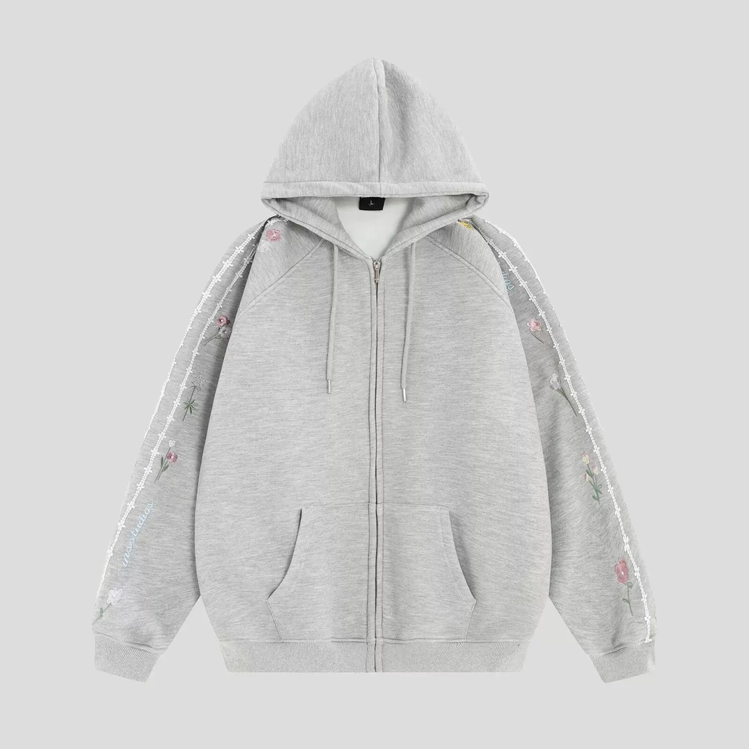 董小姐/651刺绣花卉宽松加绒加厚开衫卫衣