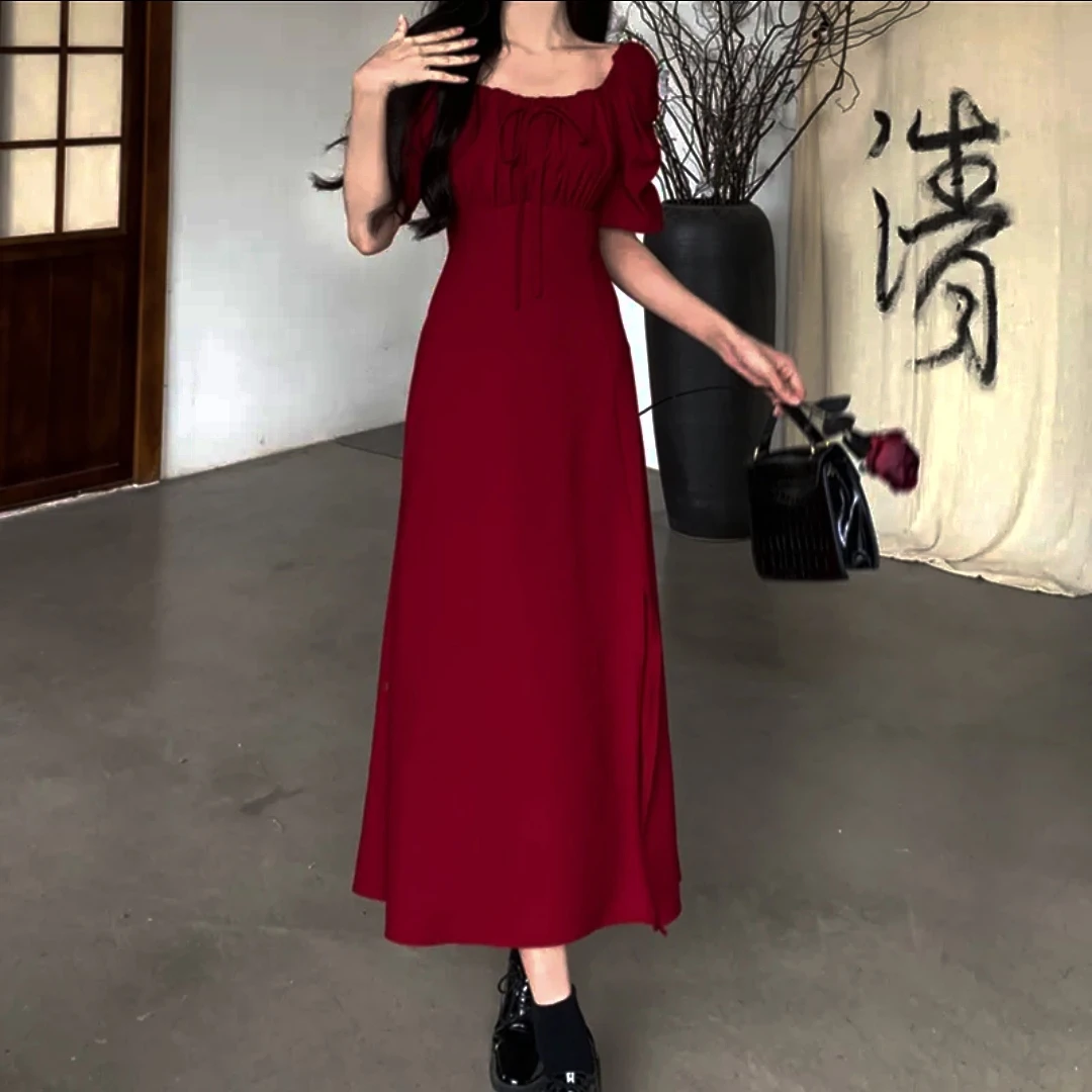 董小姐/8959法式方领红色连衣裙