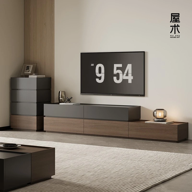 屋术意式极简客厅电视柜收纳储物柜子一体伸缩落地柜拼接组合定制