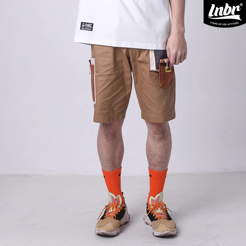 LNBR卡其色不规则拼色休闲短裤口袋包可脱卸宽松五分裤男大码