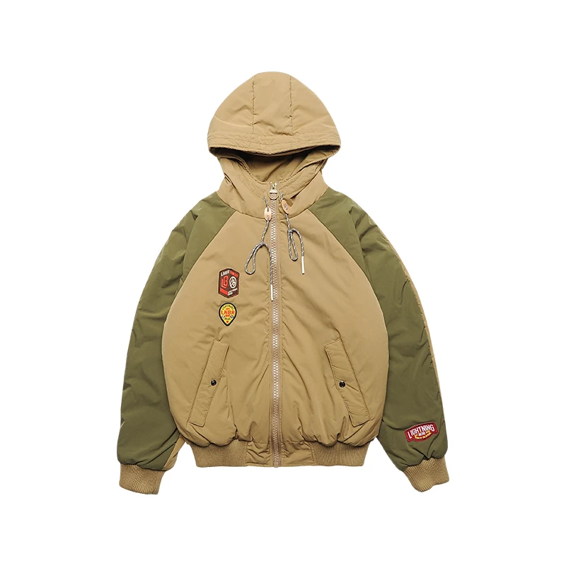 LNBR 拼接拼色连帽短款棉服男潮牌休闲保暖徽章装饰连帽棉衣外套