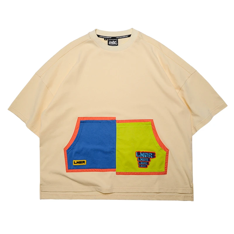 LNBR情侣美式休闲街头潮流宽松打底衫上衣高档拼色口袋短袖T恤