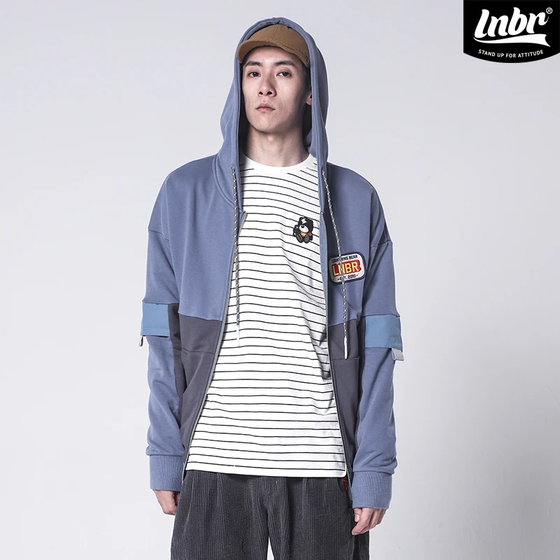 LNBR熊電秋新品拼色拉链连帽卫衣宽松休闲开衫个性潮流百搭上衣潮