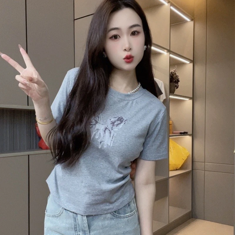 蝶结短款短袖t恤女夏季夏2024设计感小众正肩修身显瘦上衣