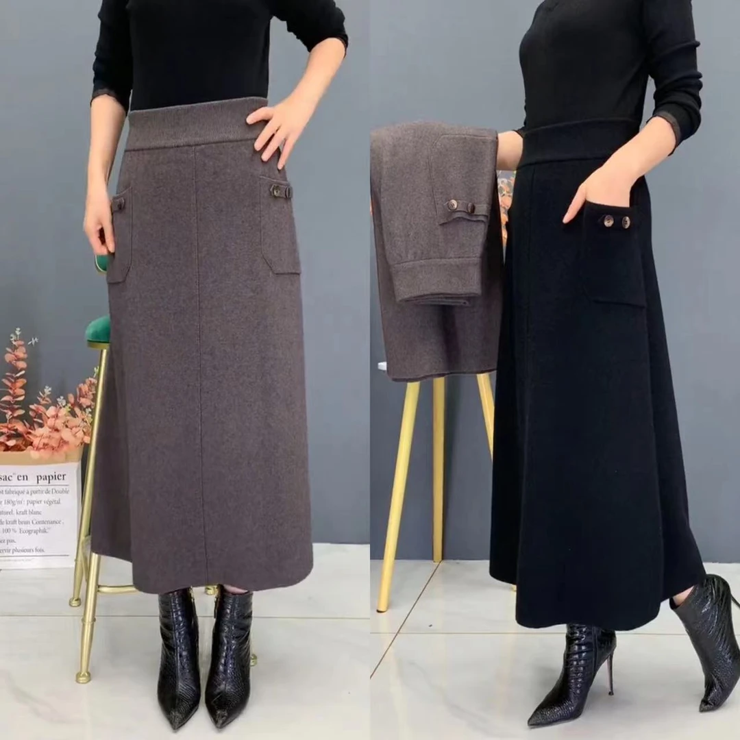 口袋款】801女士半身裙秋冬新款时尚百搭高腰垂感弹力中长款a字裙