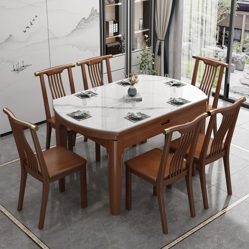 新中式岩板餐桌实木折叠家用饭桌小户型简约伸缩方圆两用可变圆桌