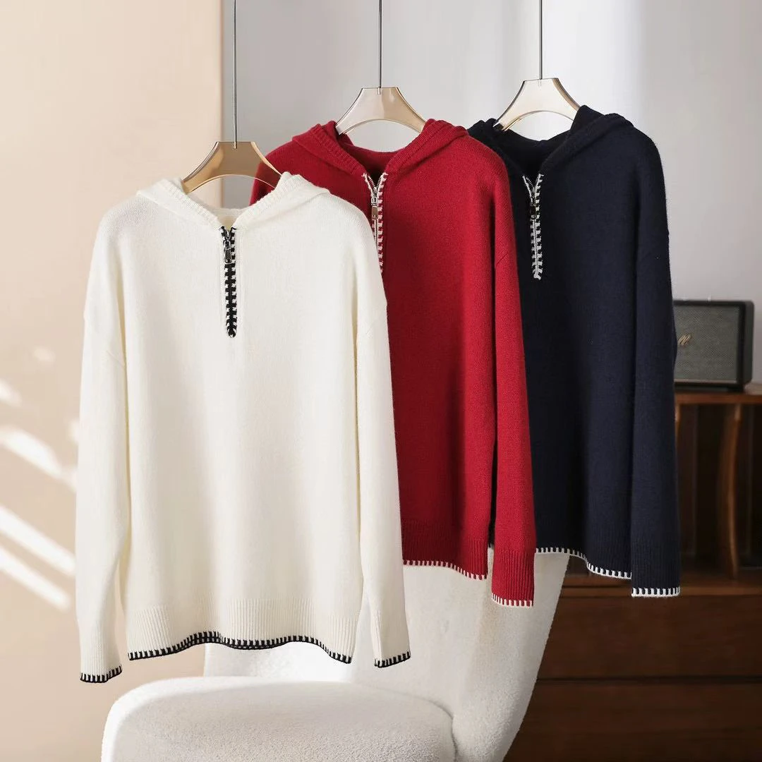 拉链连帽羊绒针织衫慵懒风半开襟羊毛衫