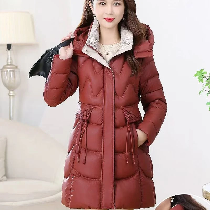 棉服女连帽中长款修身加厚冬季显瘦大码女士宽松收腰保暖韩版棉衣