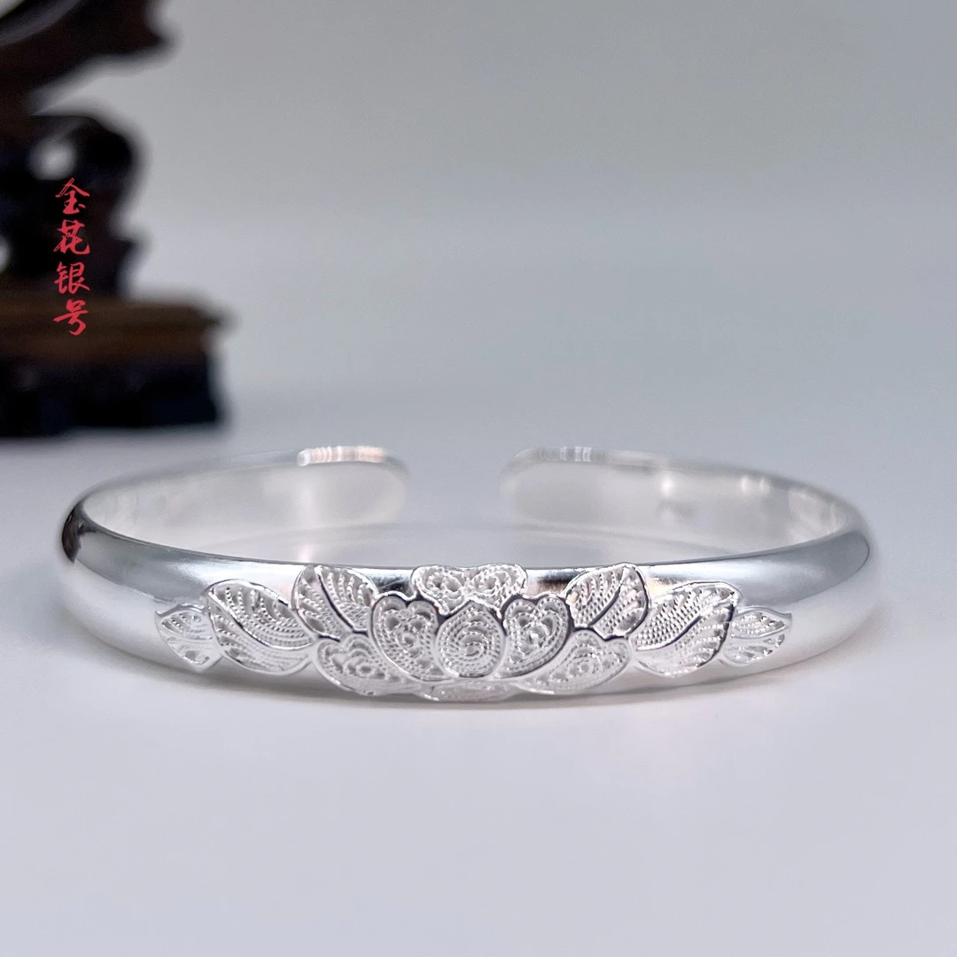 足银手镯 拉丝牡丹花开口手镯【金花银号】民族风纯手工纯手工实心
