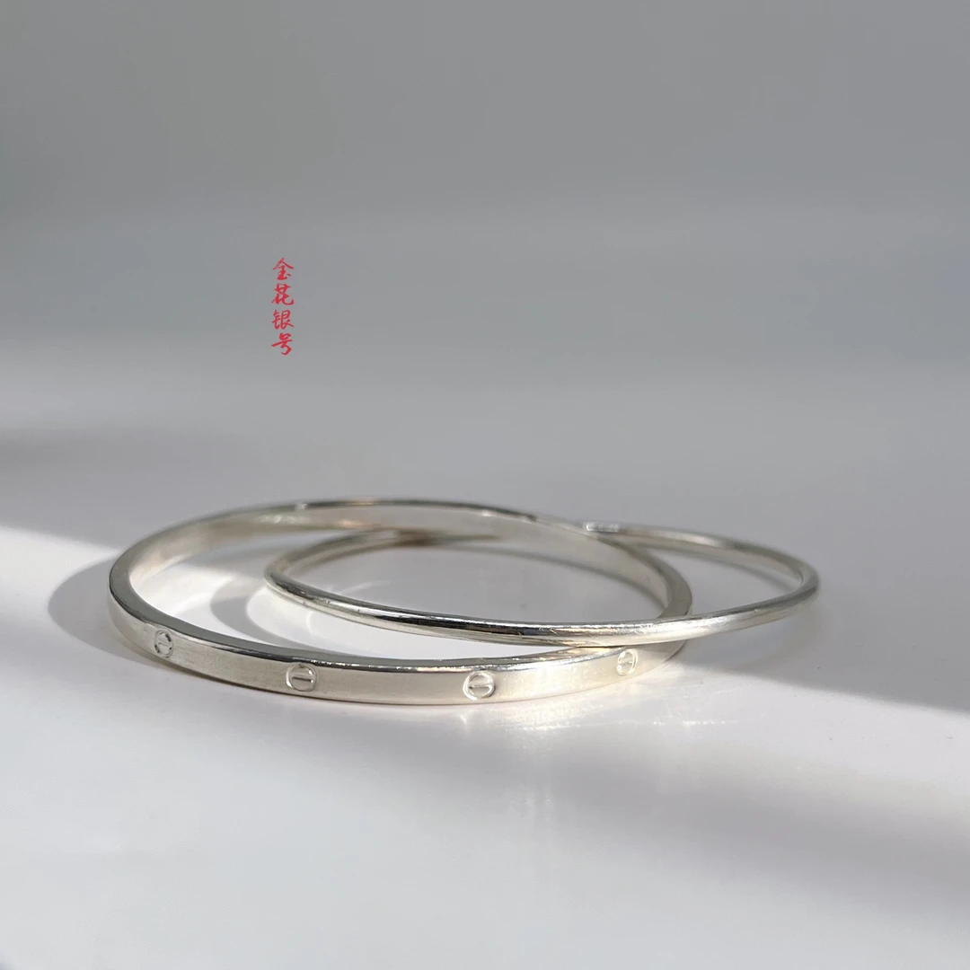足银手镯 999 纯手工足银【金花银号】 闭口双环卡家手镯