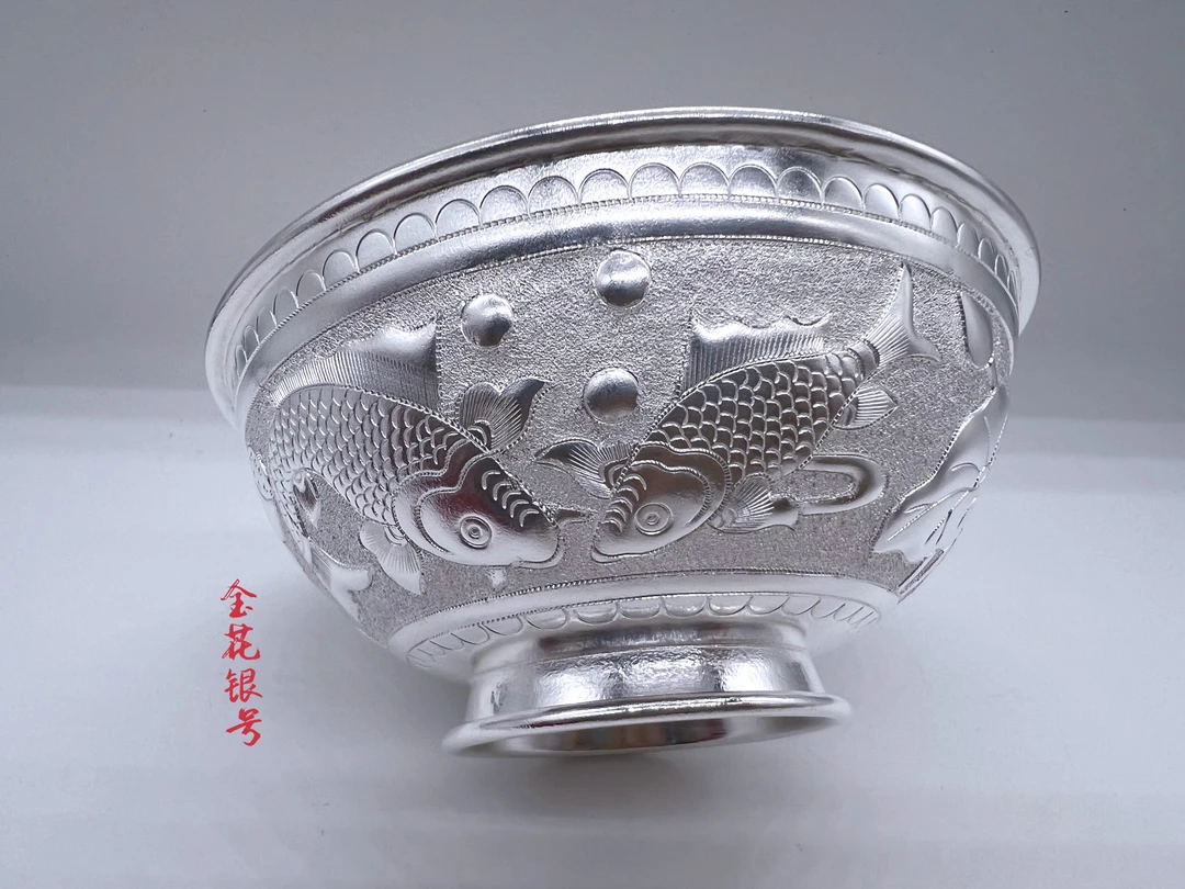 足银银制品 高工艺手工浮雕银碗【金花银号】白色简约个性小众素款
