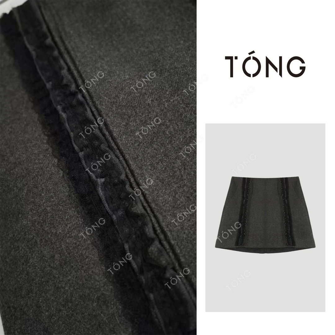 【冬日街灯】冬季时尚条纹黑色蕾丝设计百搭半身裙 GQ053