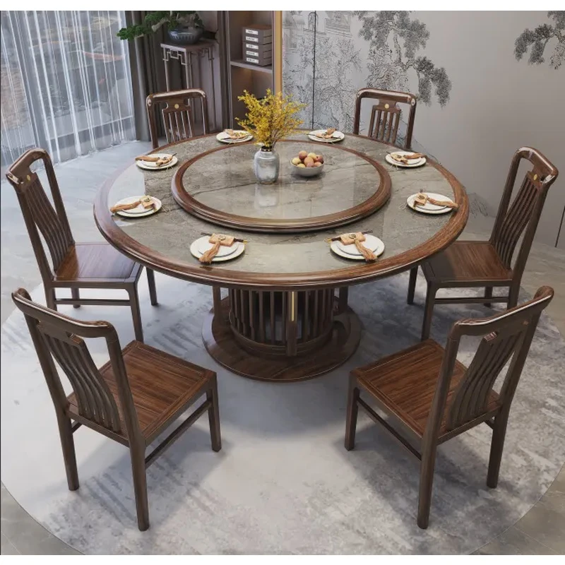 乌金木实木餐桌圆形简约吃饭桌轻奢餐厅新中式家用餐桌酒店饭桌子