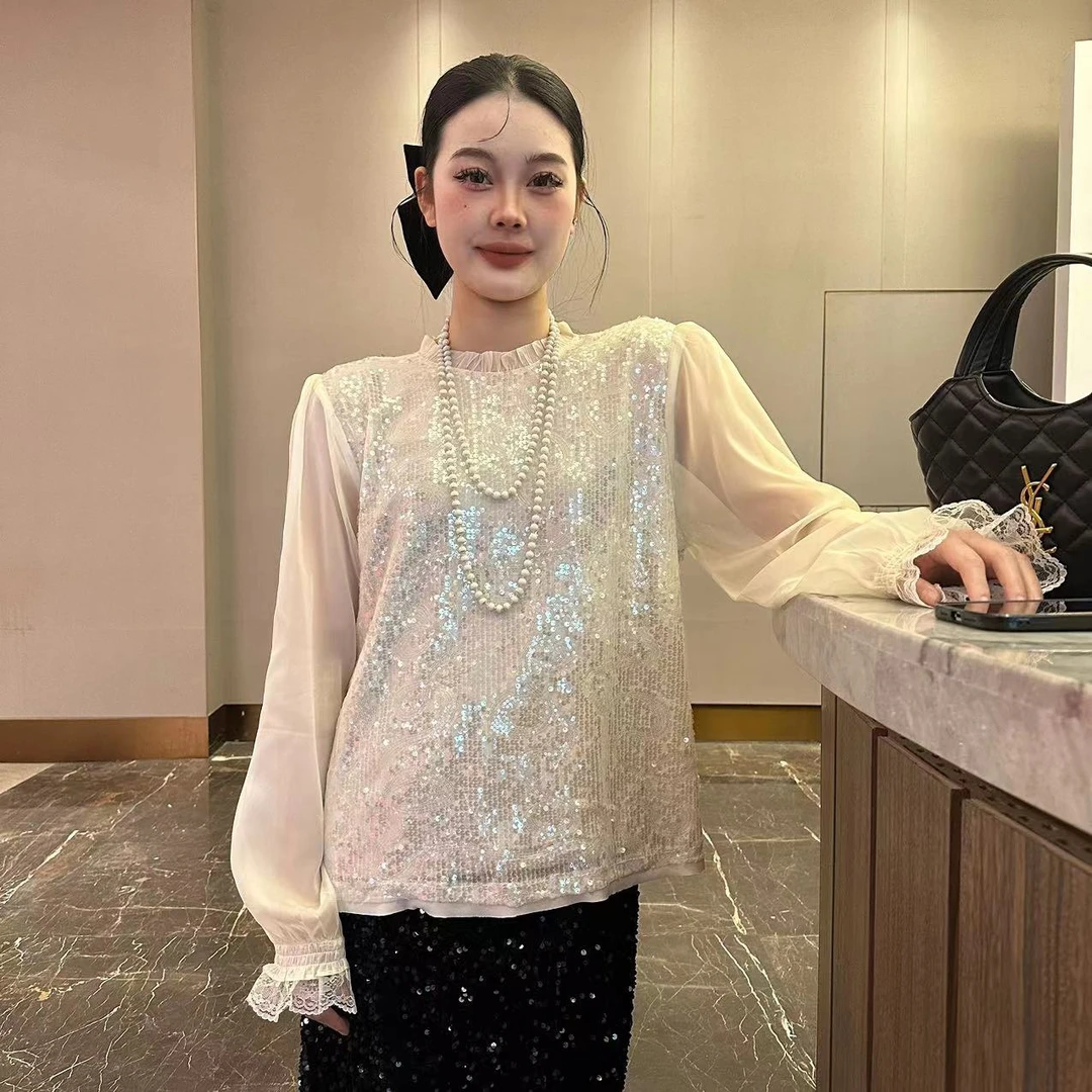【摩登】2024法式重工亮片拼接长袖今年流行漂亮设计感上衣  297