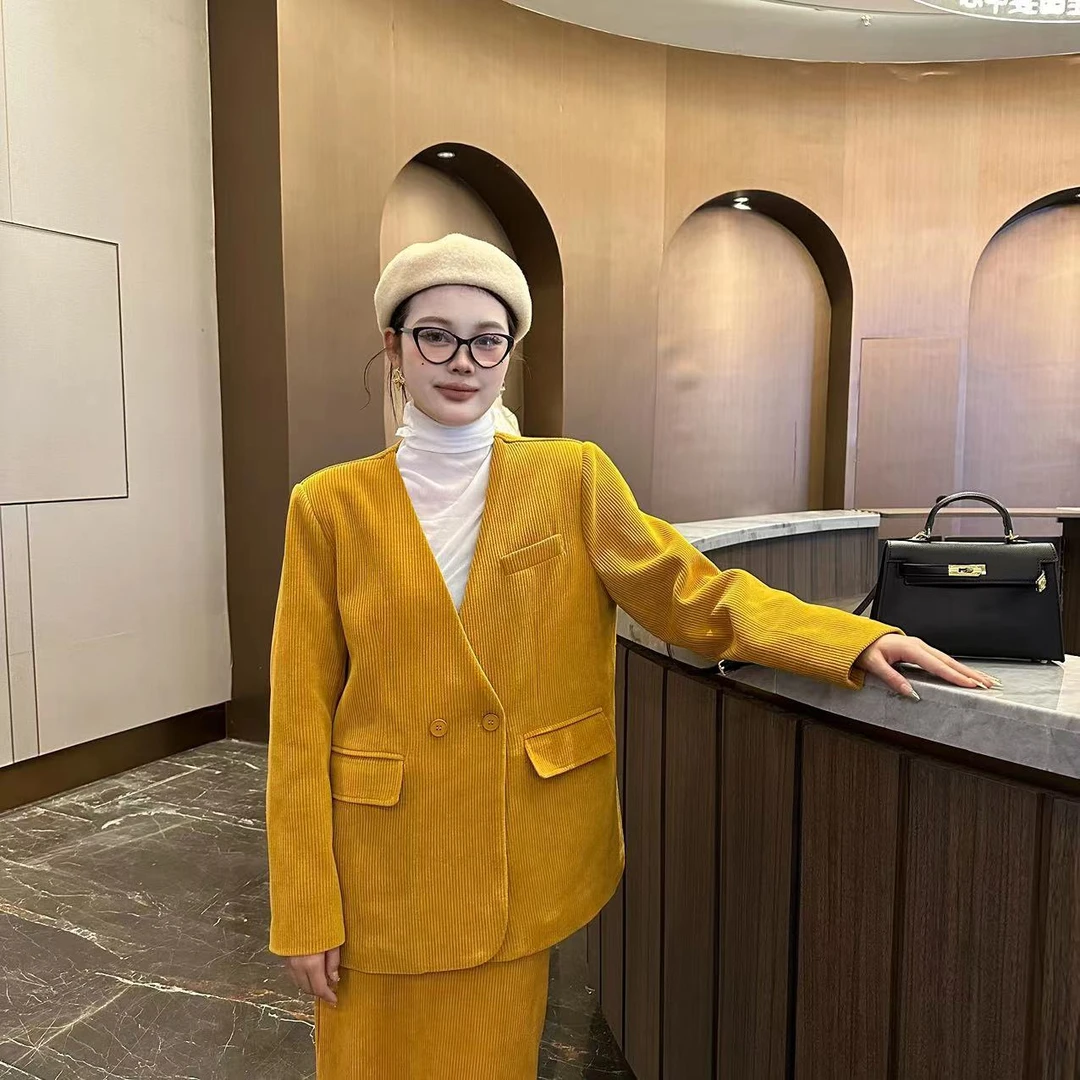 {定制}2023冬季新款白搭时尚加棉竖条纹无领西装设计师长袖休闲