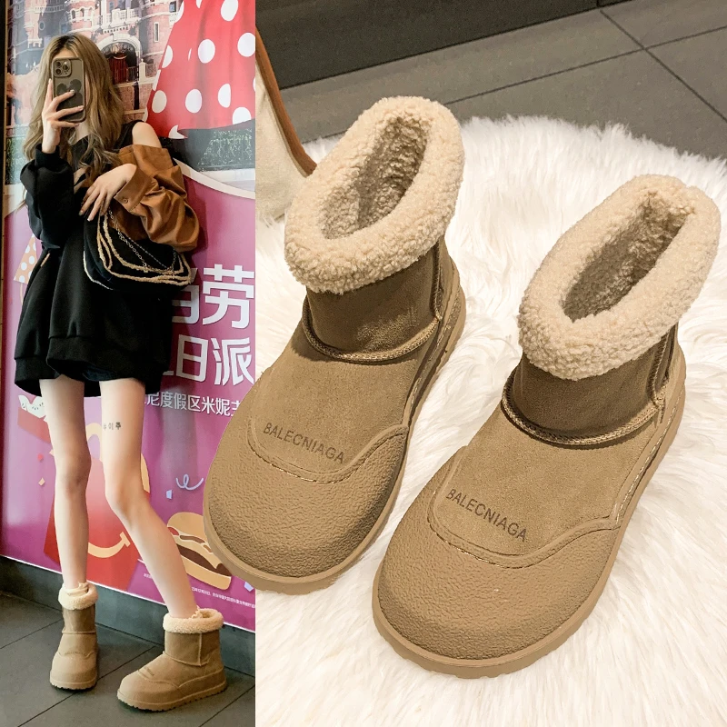 【KD】冬季回力休闲靴子圆头低跟纯色加厚套筒雪地靴冬季橡胶