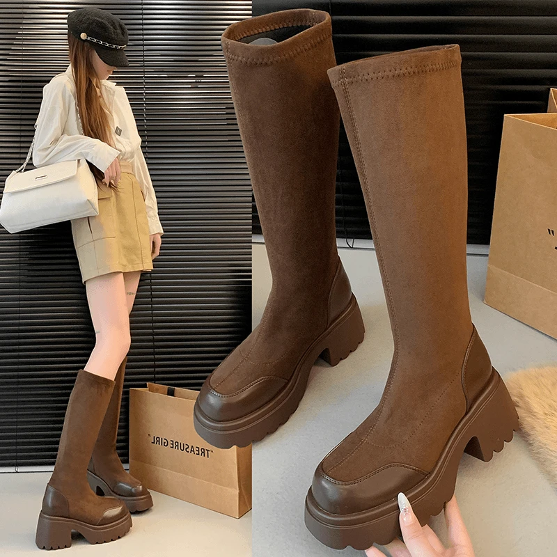 厚底弹力靴女小个子增高瘦瘦靴百搭休闲靴子显瘦包腿潮