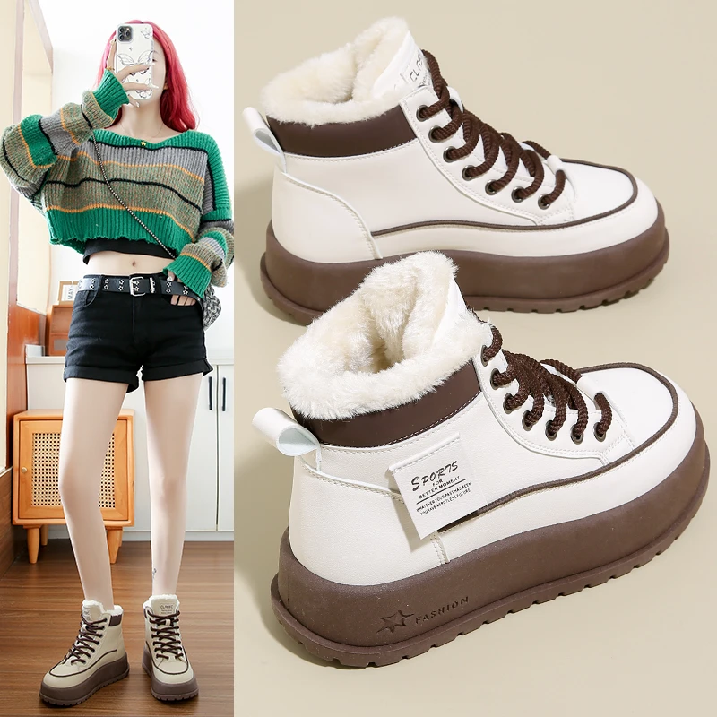 高帮鞋女新款增高厚底板鞋女保暖运动鞋女冬季加绒棉鞋女