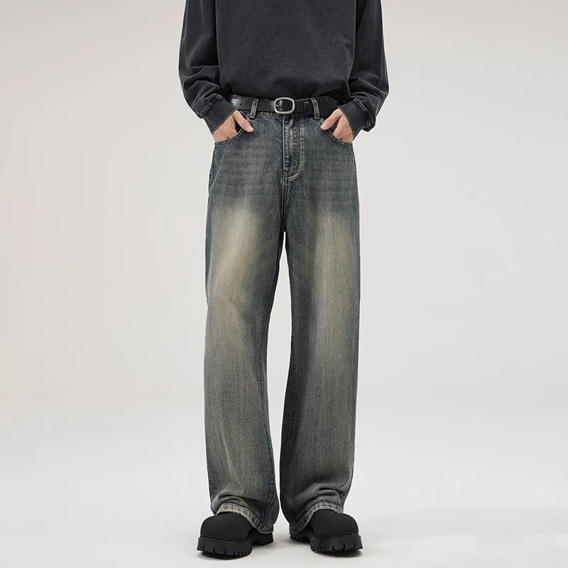 【巴黎竹节纹理】复古cleanfit美式水洗做旧牛仔裤男宽松直筒长裤子